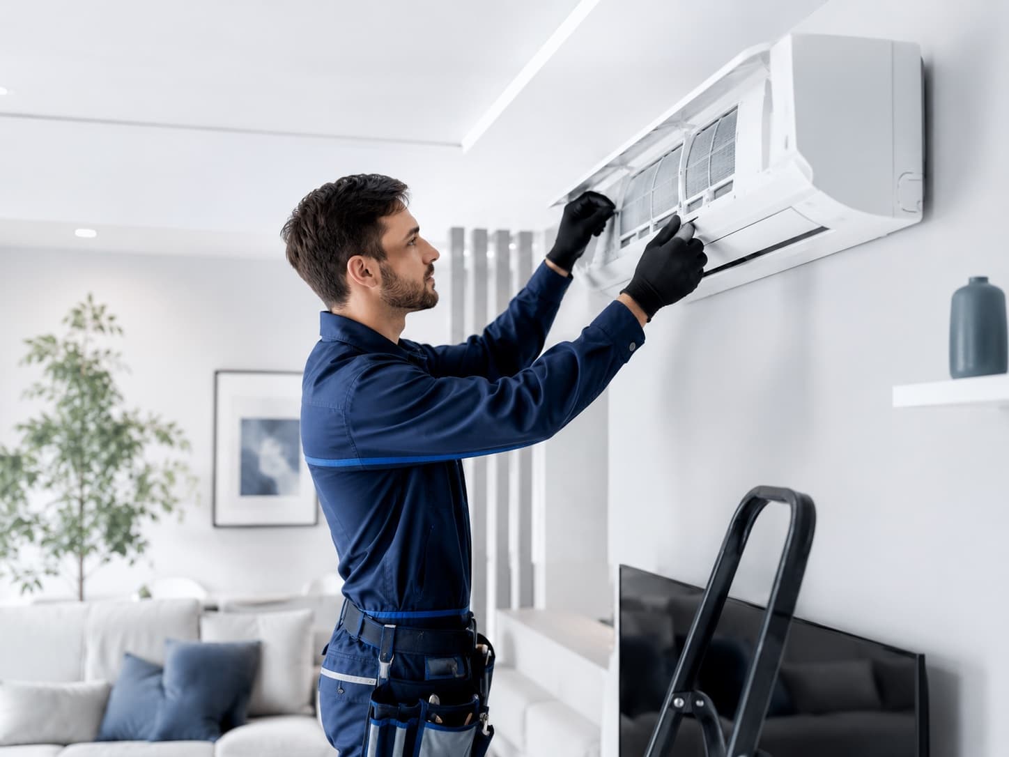 Technicien intervenant sur un climatiseur mural dans un salon clair